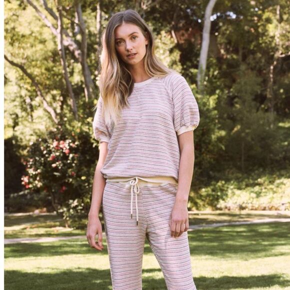 THE GREAT. Striped Crew Neck Sweater - Pink and Cream - Picture 2 of 11